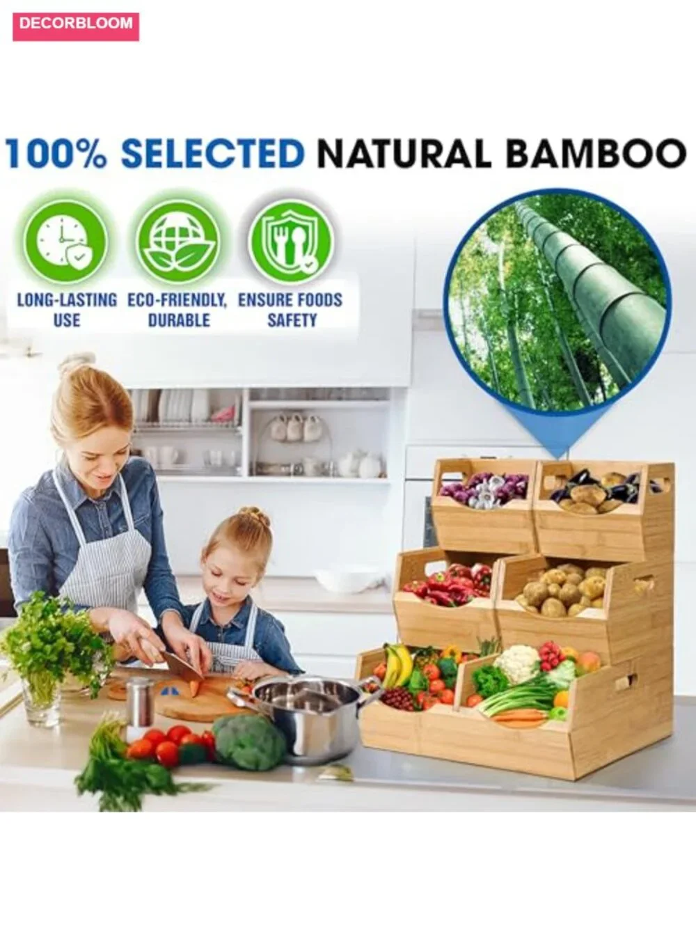 Bamboo Stackable Pantry Storage Bins 3-Tier Potato Onion Basket